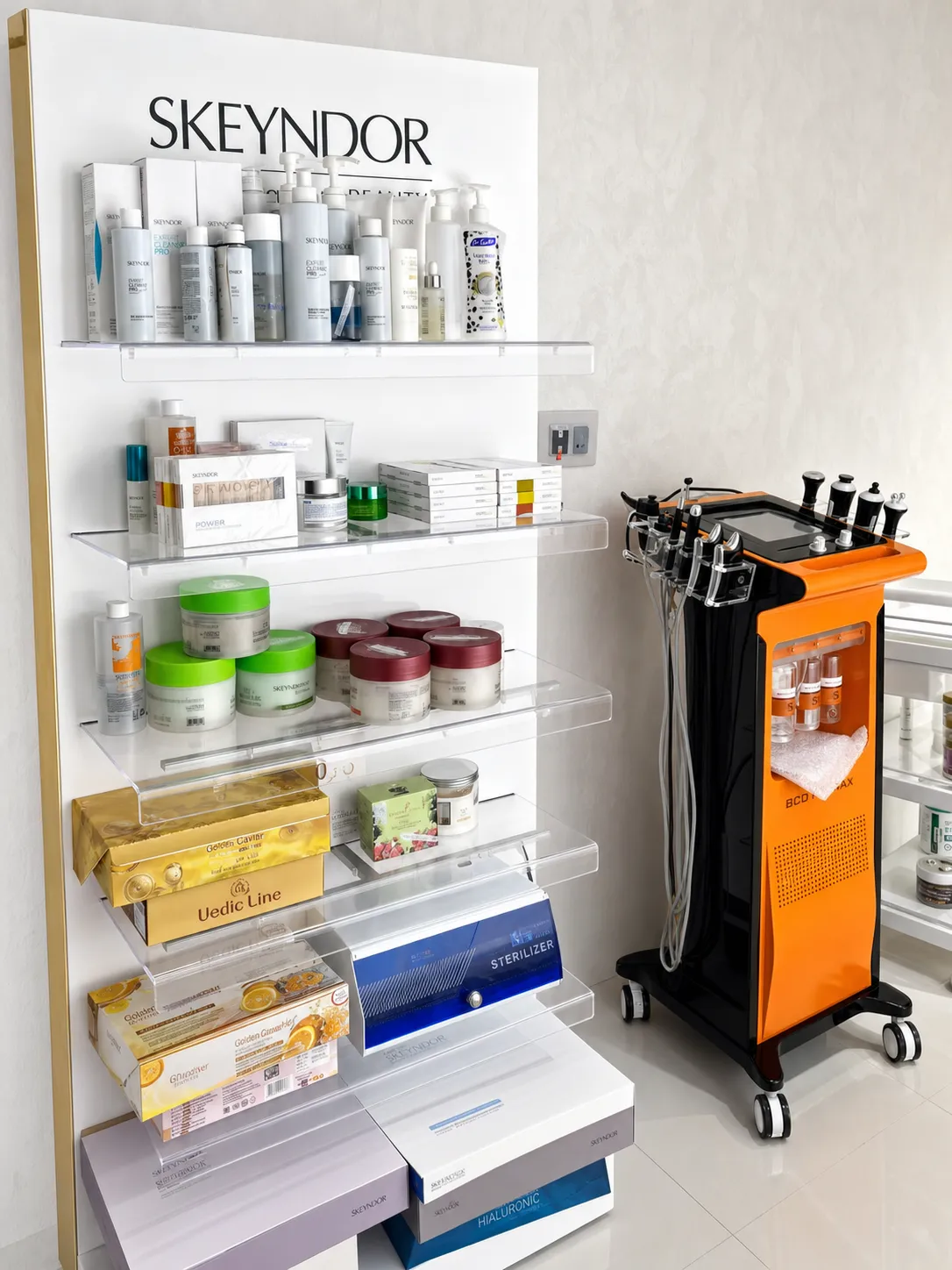 Professional skincare product display at Ambience Ladies Salon