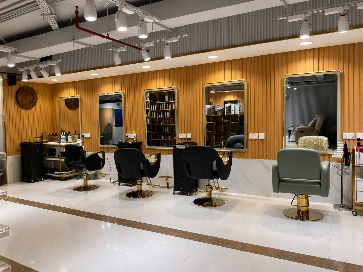 Sunlit styling stations at Mubazzara Family Beauty Lounge